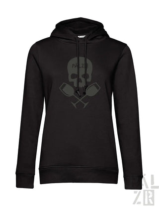 Schwarzer frauen hoodie von weinpirat mit dunkelgrauem schädel und gekreuzten rudern und text på zib