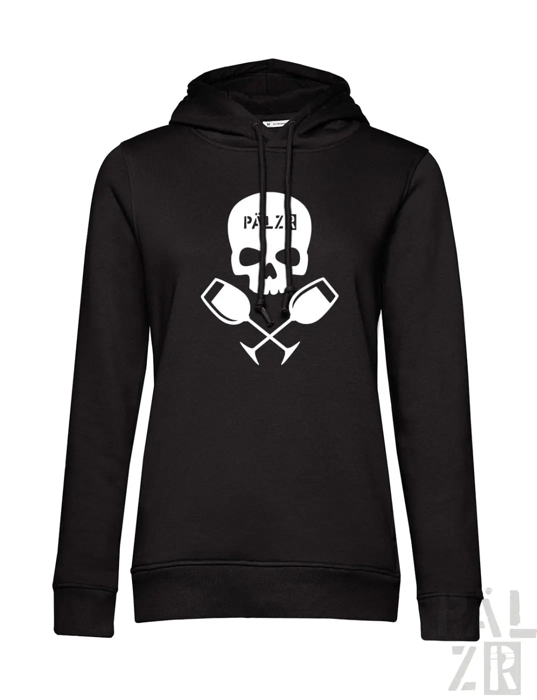 Schwarzer frauen hoodie weinpirat mit weißem schädel und gekreuzten weingläsern sowie pälzb schriftzug