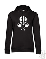 Schwarzer frauen hoodie weinpirat mit weißem schädel und gekreuzten weingläsern sowie pälzb schriftzug