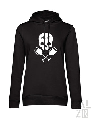 Schwarzer frauen hoodie weinpirat mit weißem schädel und gekreuzten weingläsern sowie pälzb schriftzug