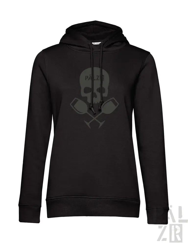 Schwarzer frauen hoodie von weinpirat mit dunkelgrauem schädel und gekreuzten rudern und text på zib