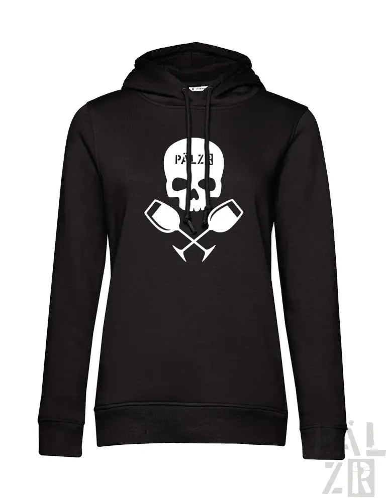 Schwarzer frauen hoodie weinpirat mit weißem schädel und gekreuzten weingläsern sowie pälzb schriftzug