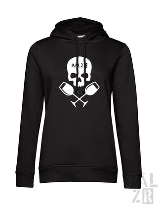 Schwarzer frauen hoodie weinpirat mit weißem schädel und gekreuzten weingläsern sowie pälzb schriftzug