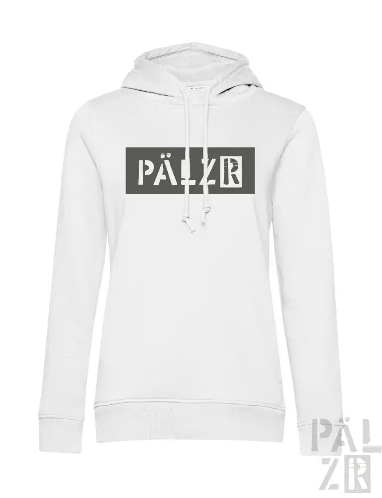 Weiße Hoodie mit ’palzr’-Logo in schwarz-grauem Design, aus Baumwolle gefertigt.