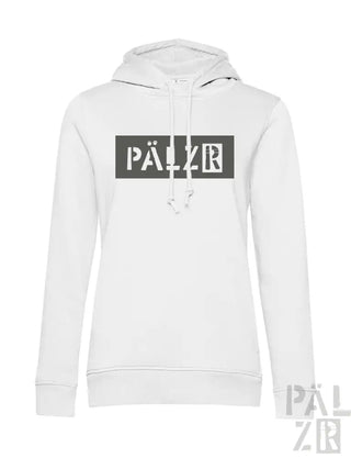 Weiße Hoodie mit ’palzr’-Logo in schwarz-grauem Design, aus Baumwolle gefertigt.