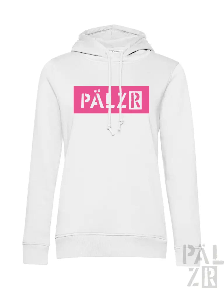 Weiße Kapuzenjacke mit pinkem ‚palzr‘-Logo und Kordelzügen.