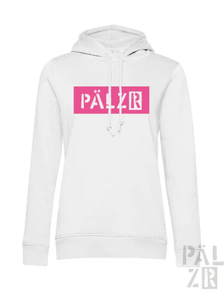 Weiße Kapuzenjacke mit pinkem ‚palzr‘-Logo und Kordelzügen.