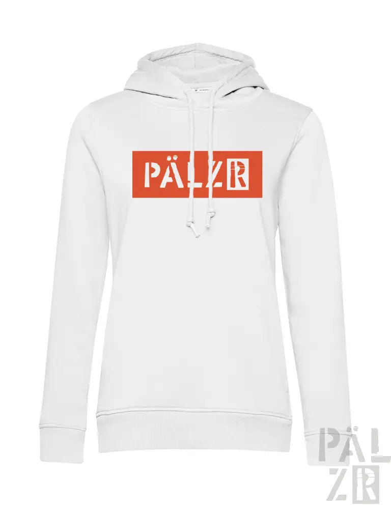 Weißes Hoodie mit rot-schwarzem Logodesign, das die Marke „palzr“ in einer fetten Schrift zeigt.