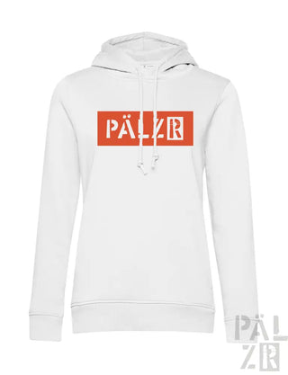 Weißes Hoodie mit rot-schwarzem Logodesign, das die Marke „palzr“ in einer fetten Schrift zeigt.