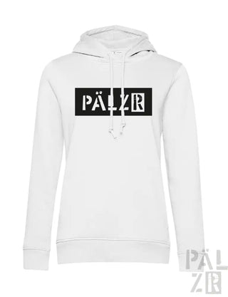 Weißes Hoodie mit schwarzem ’palzb’-Logo und Kordelzügen.