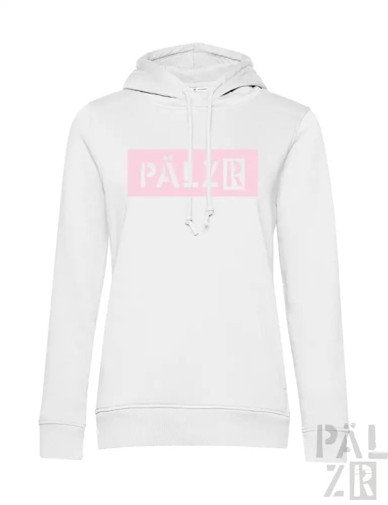 Weiße Hoodie mit pinkem Logo und Kordelzügen.