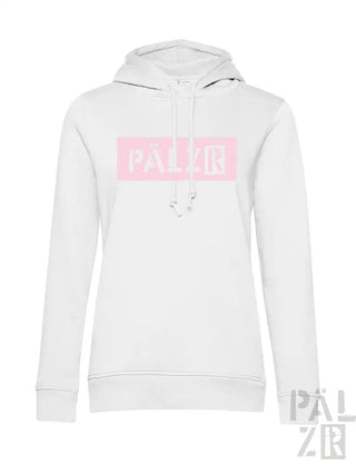 Weiße Hoodie mit pinkem Logo und Kordelzügen.