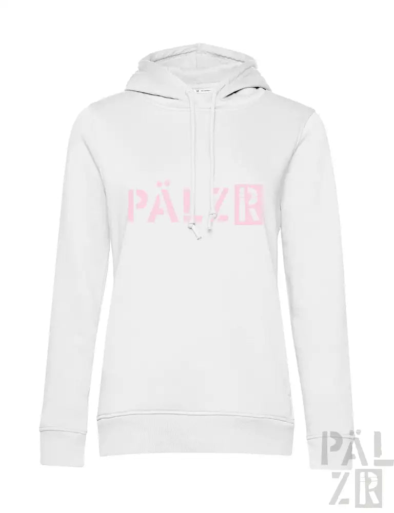 Weißes Hoodie mit pinkem Logo und Kordelzügen.