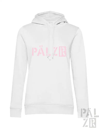Weißes Hoodie mit pinkem Logo und Kordelzügen.