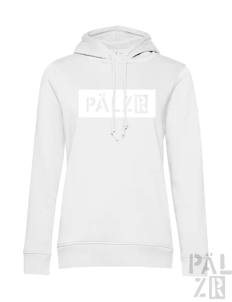 Weiße Kapuzenjacke mit ’palzr’-Logo und Kordelkapuze.