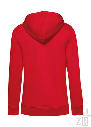 Roter Hoodie mit Kapuze und langen Ärmeln, wahrscheinlich aus Baumwolle oder Polyester-Mischung.