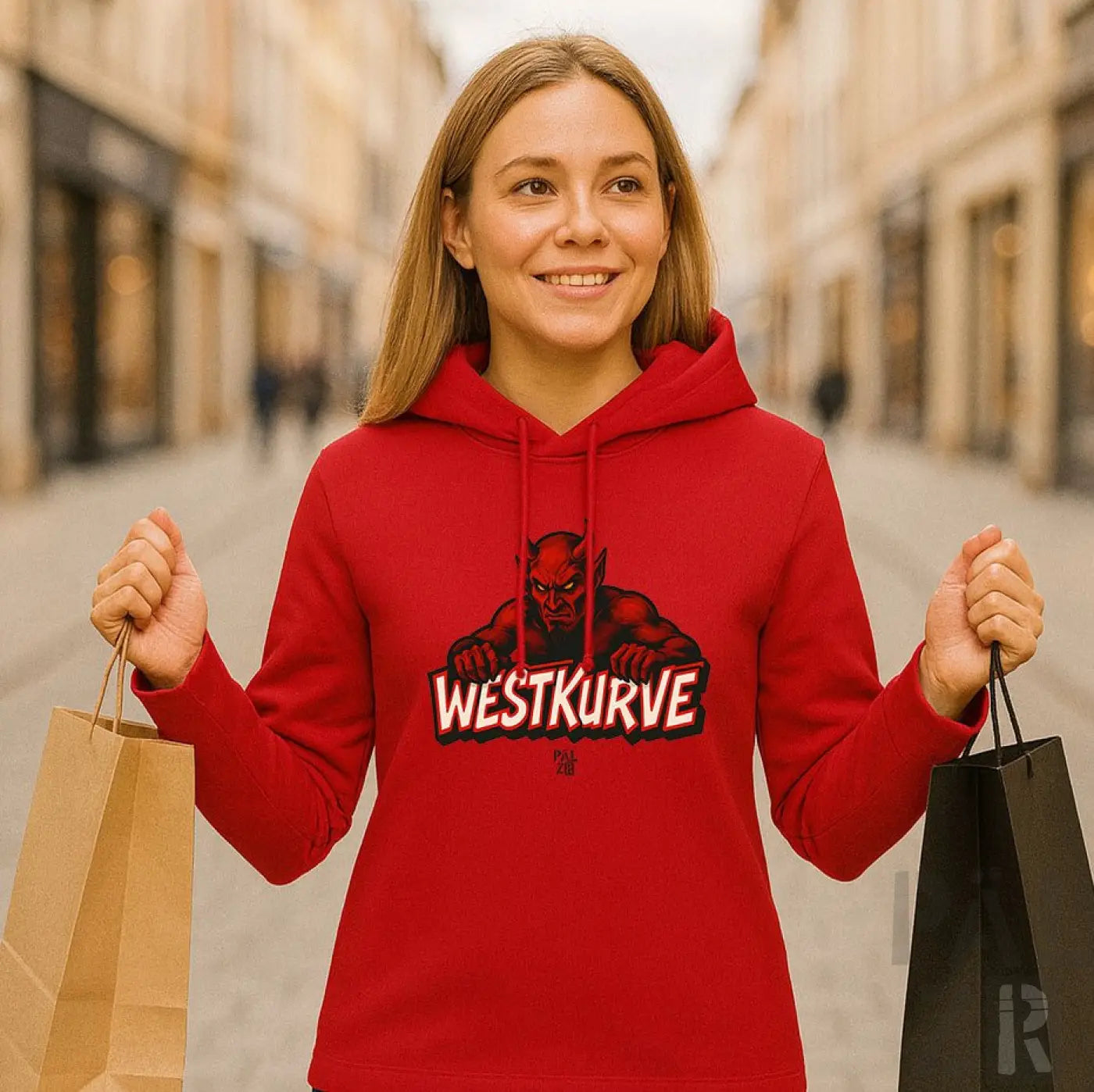 Roter Hoodie mit ’westkurve’-Grafik und Teufel-Design, aus Baumwolle.