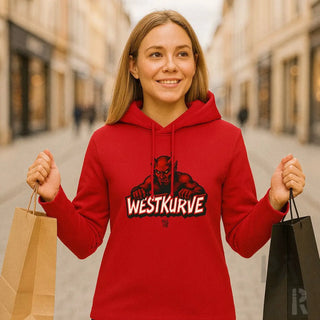 Roter Hoodie mit ’westkurve’-Grafik und Teufel-Design, aus Baumwolle.