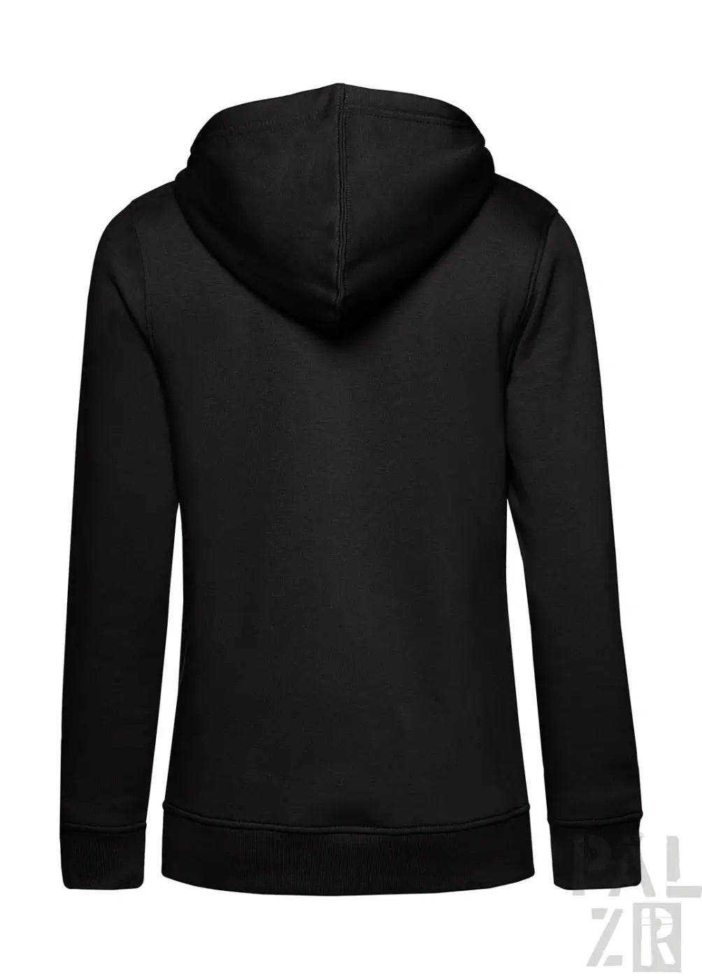 Schwarze Kapuzenjacke mit Kapuze und langen Ärmeln, aus Baumwolle oder Polyester-Mischung.