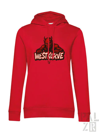 Rotes Hoodie mit Teufel-Design und ’west curve’-Text, aus Fleece-Material gefertigt.