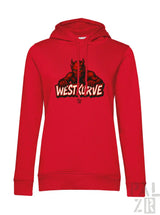 Rotes Hoodie mit Teufel-Design und ’west curve’-Text, aus Fleece-Material gefertigt.