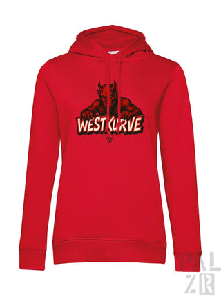 Rotes Hoodie mit Teufel-Design und ’west curve’-Text, aus Fleece-Material gefertigt.