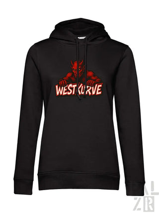 Schwarze Hoodie mit rotem Teufel-Design und Text ’west curve’ auf der Vorderseite.