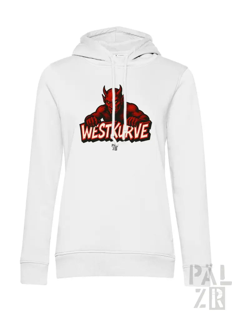 Weiße Hoodie mit rotem Teufel-Design und ’westkurve’ Text.