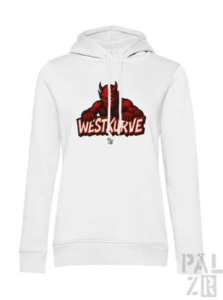 Weiße Hoodie mit rotem Teufel-Design und ’westkurve’ Text.
