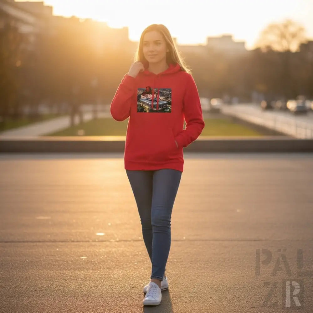 Rote Kapuzenjacke mit Grafikdesign, Baumwollmaterial.