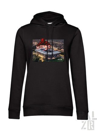 Schwarze Kapuzenjacke mit Grafikdesign eines Stadions und roten Drachen, aus Baumwollmischgewebe gefertigt.