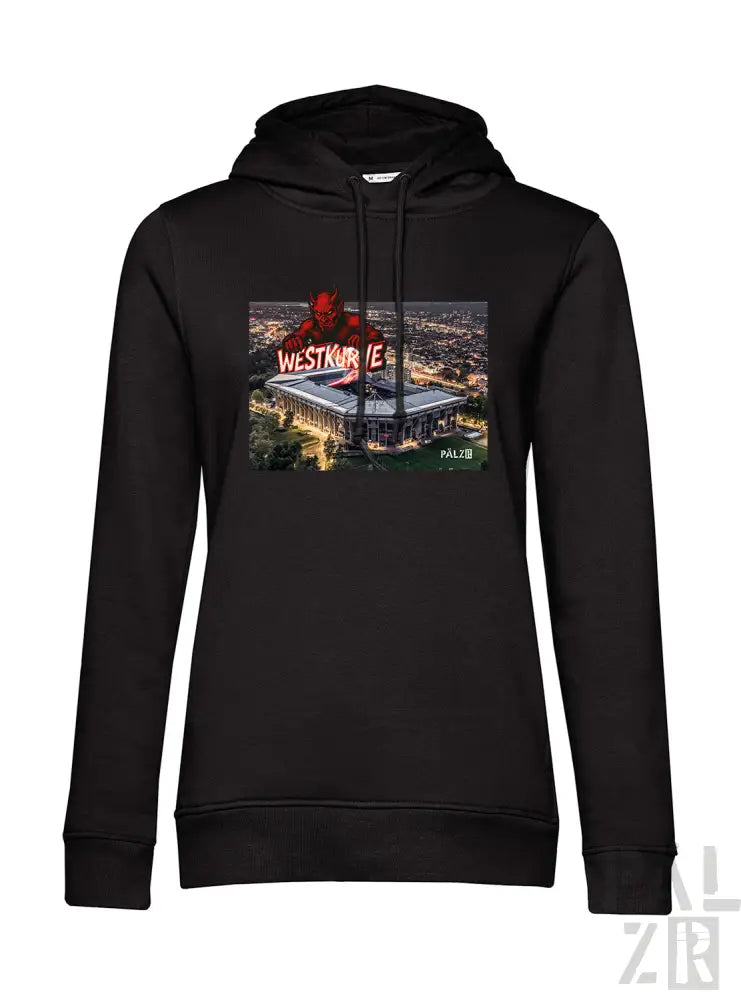 Schwarze Kapuzenjacke mit Grafikdesign eines Stadions und roten Drachen, aus Baumwollmischgewebe gefertigt.