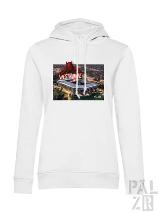 Weißes Hoodie mit Grafikdesign eines roten Teufels und ’westside’-Text.