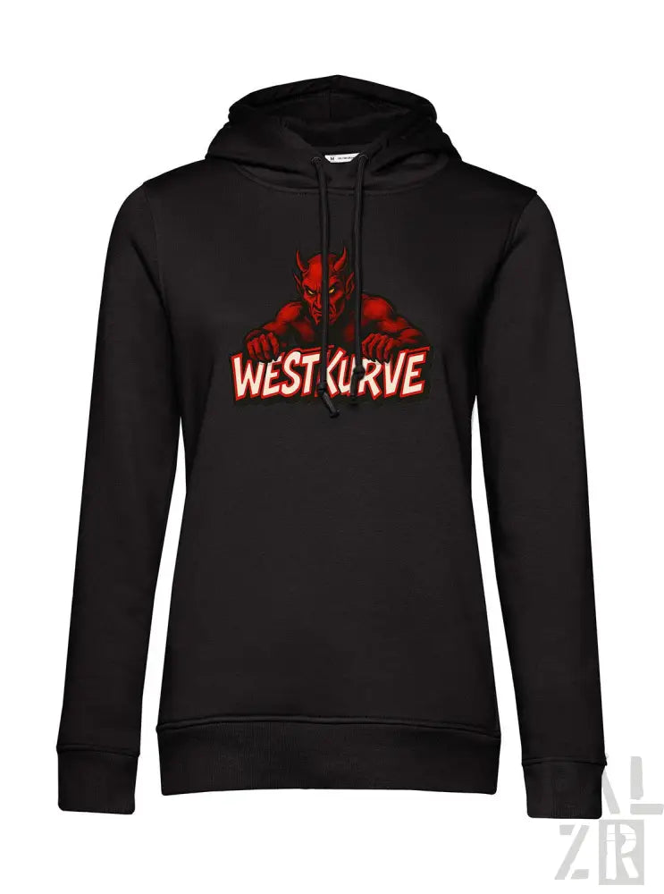 Schwarzer Hoodie mit rotem Teufel-Design und Text ’west curve’ auf der Vorderseite.