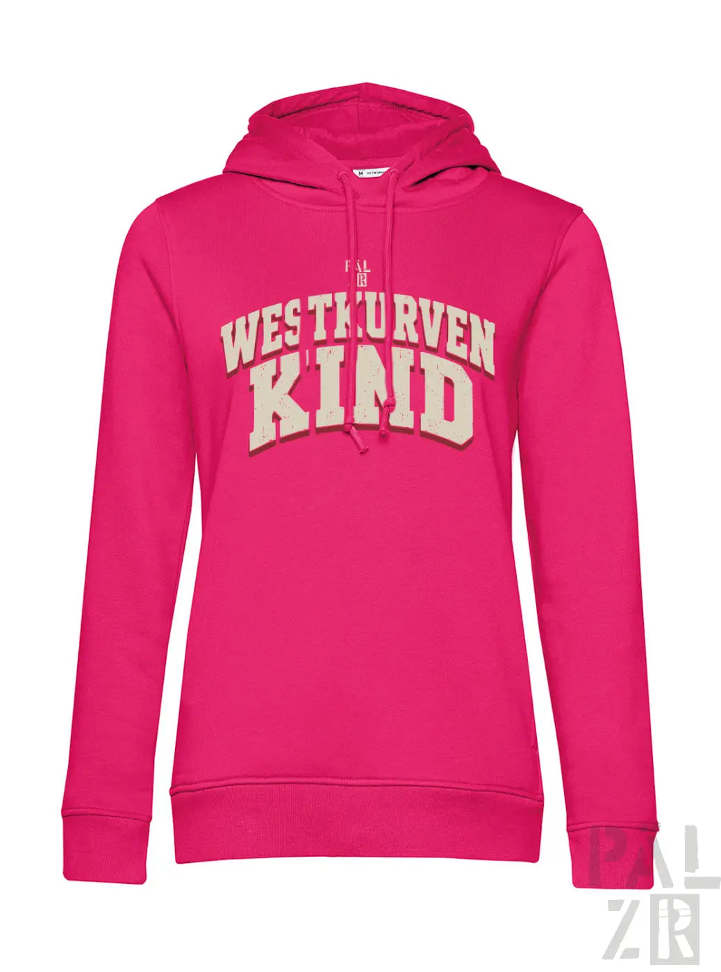 Frauen hoodie in pink mit cremefarbener westkurvenkind schrift in bogenform auf der brust