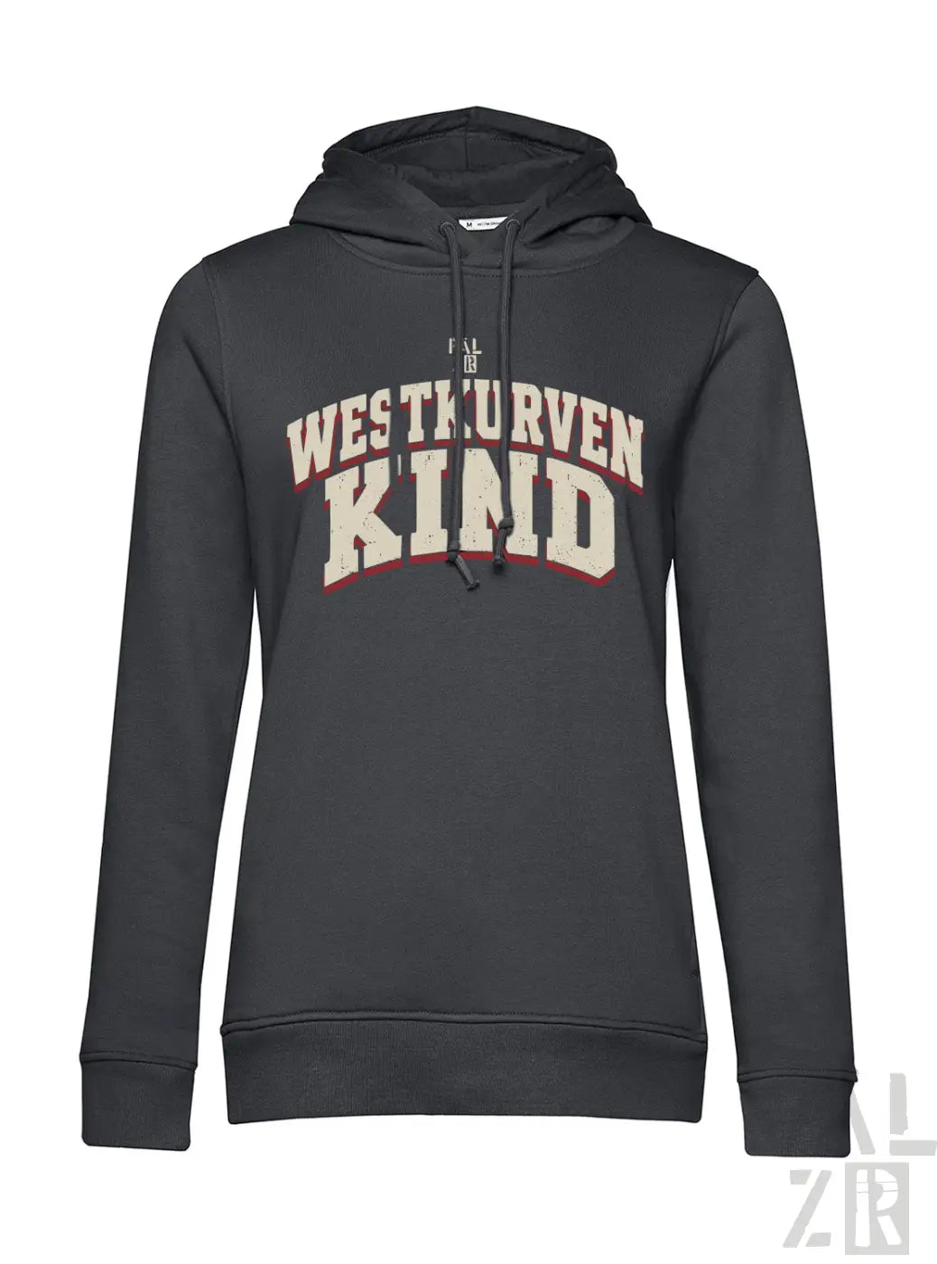 Dunkelgrauer frauen hoodie aus baumwolle mit westkurvenkind in creme und rot aufdruck in bogenform