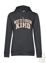 Dunkelgrauer frauen hoodie aus baumwolle mit westkurvenkind in creme und rot aufdruck in bogenform
