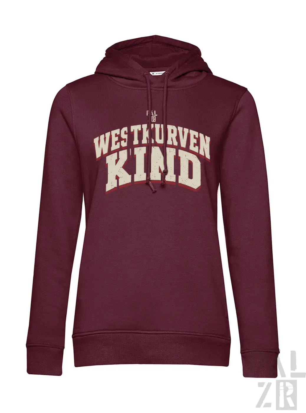 Frauen hoodie westkurvenkind in maroon mit cremefarbenen gebogenen buchstaben auf der brust