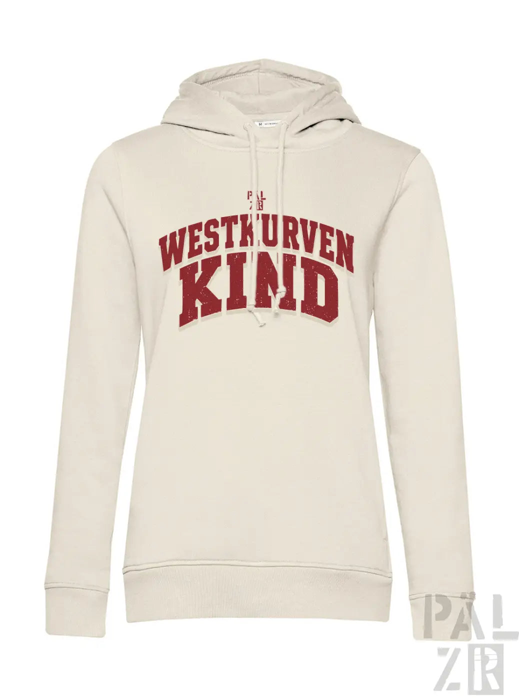 Frauen hoodie in creme mit auffälliger roter westkurvenkind schrift auf der brust in verschiedenen farben