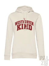 Frauen hoodie in creme mit auffälliger roter westkurvenkind schrift auf der brust in verschiedenen farben