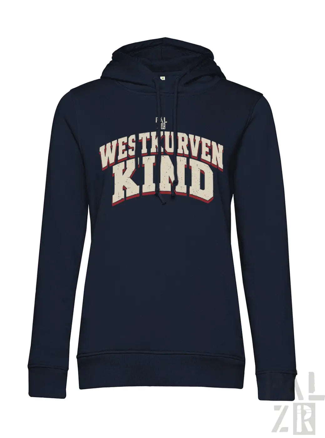 Frauen navyblauer hoodie westkurvenkind mit creme und roten buchstaben aus verschiedenen farben