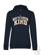 Frauen navyblauer hoodie westkurvenkind mit creme und roten buchstaben aus verschiedenen farben