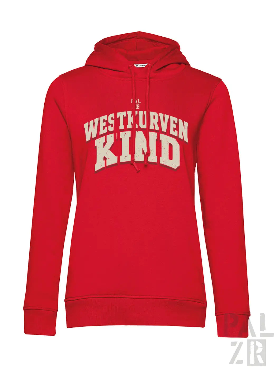 Rote damen hoodie mit cremefarbener westkurvenkind beschriftung aus verschiedenen farben