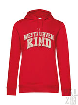 Rote damen hoodie mit cremefarbener westkurvenkind beschriftung aus verschiedenen farben