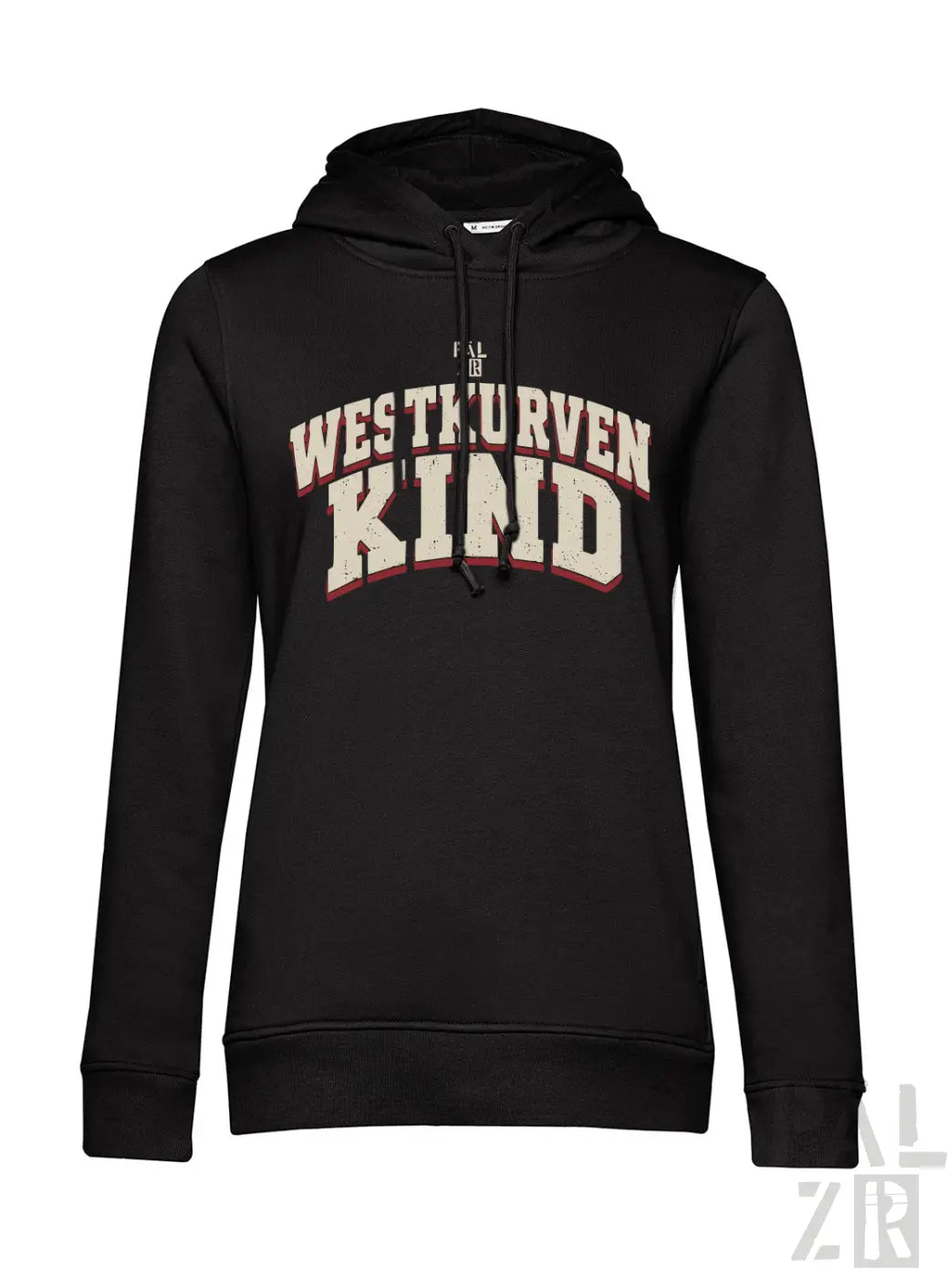 Schwarzer baumwoll hoodie frauen mit westkurvenkind schriftzug in creme und rot auf der brust