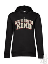 Schwarzer baumwoll hoodie frauen mit westkurvenkind schriftzug in creme und rot auf der brust