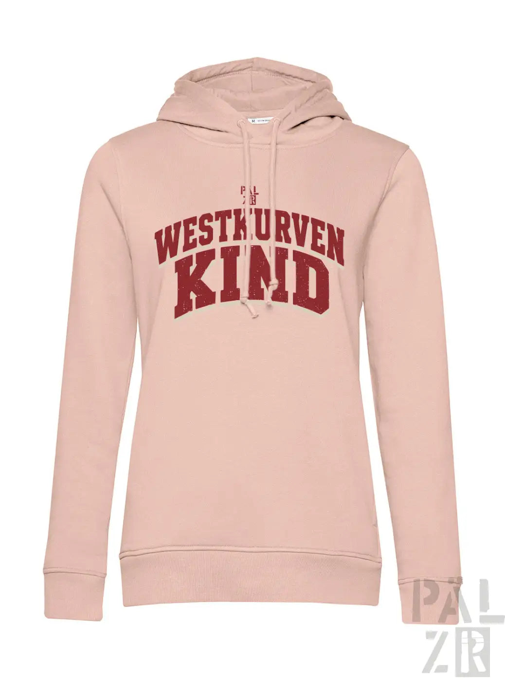 Frauen hoodie in softem blush rosa mit kapuze und rotem westkurvenkind schriftzug auf der brust