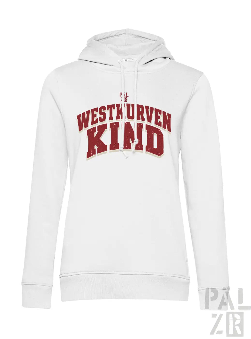 Weißer damenhoodie mit kapuze und markantem roten westkurvenkind lettering auf der brust in verschiedenen farben