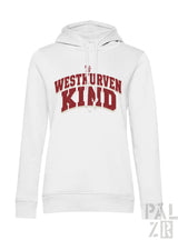 Weißer damenhoodie mit kapuze und markantem roten westkurvenkind lettering auf der brust in verschiedenen farben