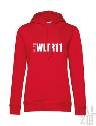 Rote Kapuzenjacke mit weißem Text und Logodesign, wahrscheinlich aus Baumwolle oder Polyester-Mischung.